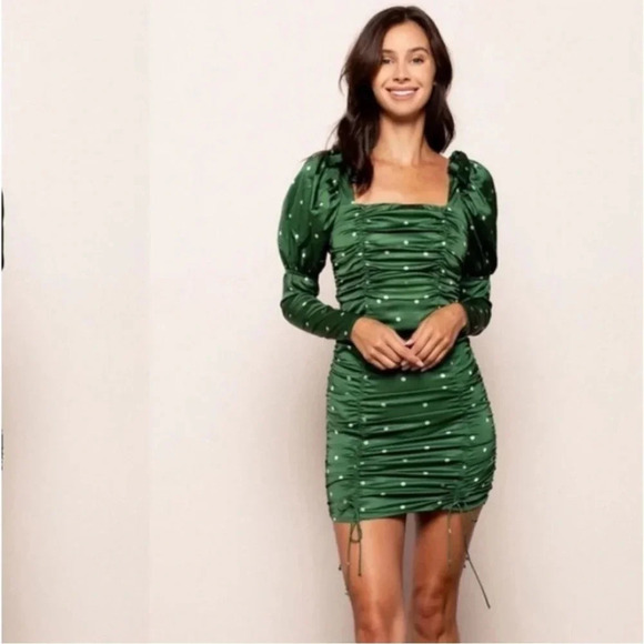 For love & Lemons green Davies polka dot ruched mini dress - Picture 5 of 15